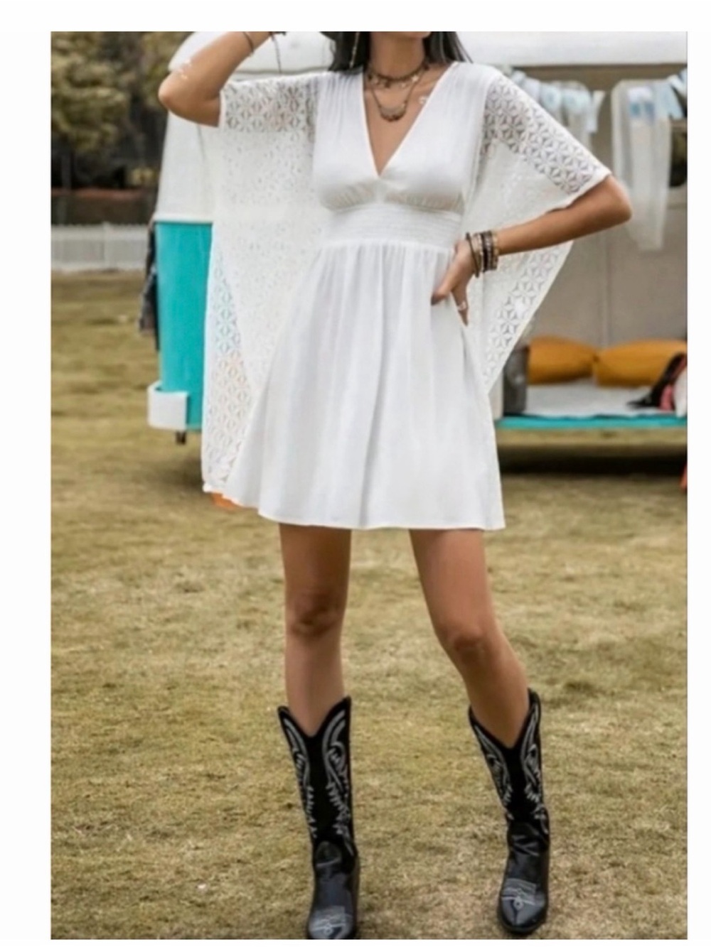 Rusttydustty White Lace Sleeve Boho Babydoll Dress | Size L